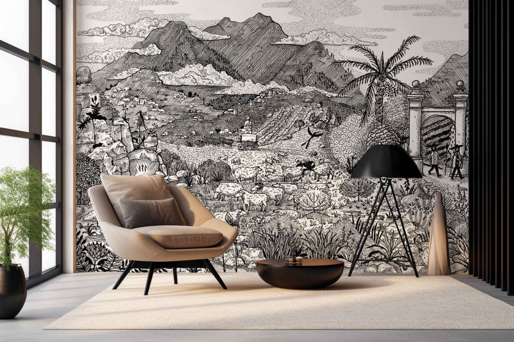 The wallpaper features an intricate black-and-white mural depicting a mountainous landscape. Key elements include detailed mountain peaks, valleys, and possibly trees or other natural features, all rendered in shades of black and white.
