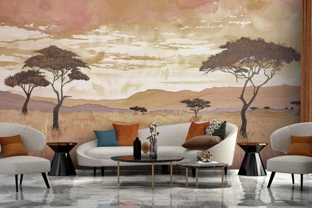 A stylish living room features a large mural with rich elements and colors such as African savannah scenes, acacia trees, and mountain landscapes. Key highlights include deep earth tones, greens from the trees, golden hues of the savannah grasslands, and soft blue mountains in the background.