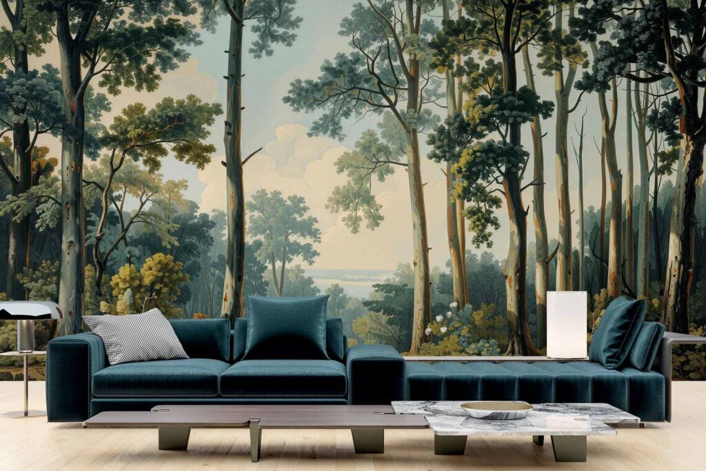 Wall mural wallpaper featuring a forest landscape with tall trees in shades of green, brown, and cream against a cloudy sky.
