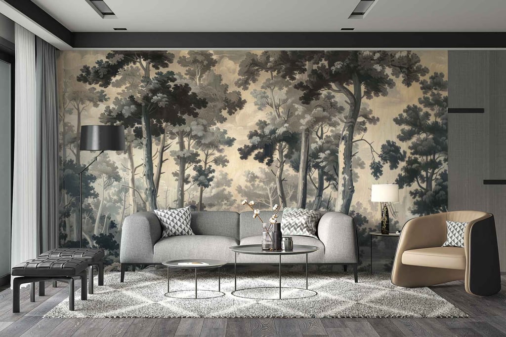 The wallpaper is a large mural of a misty forest, featuring shades of green, grey, and subtle whites to create an ethereal and serene atmosphere.