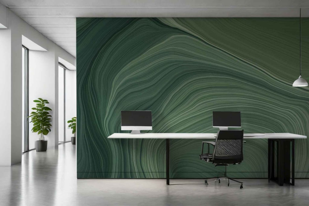 Green, marble-textured accent wall featuring deep emerald and forest green tones with veining in shades of white and darker greens. The marble pattern creates a sophisticated, organic feel ideal for modern office spaces.