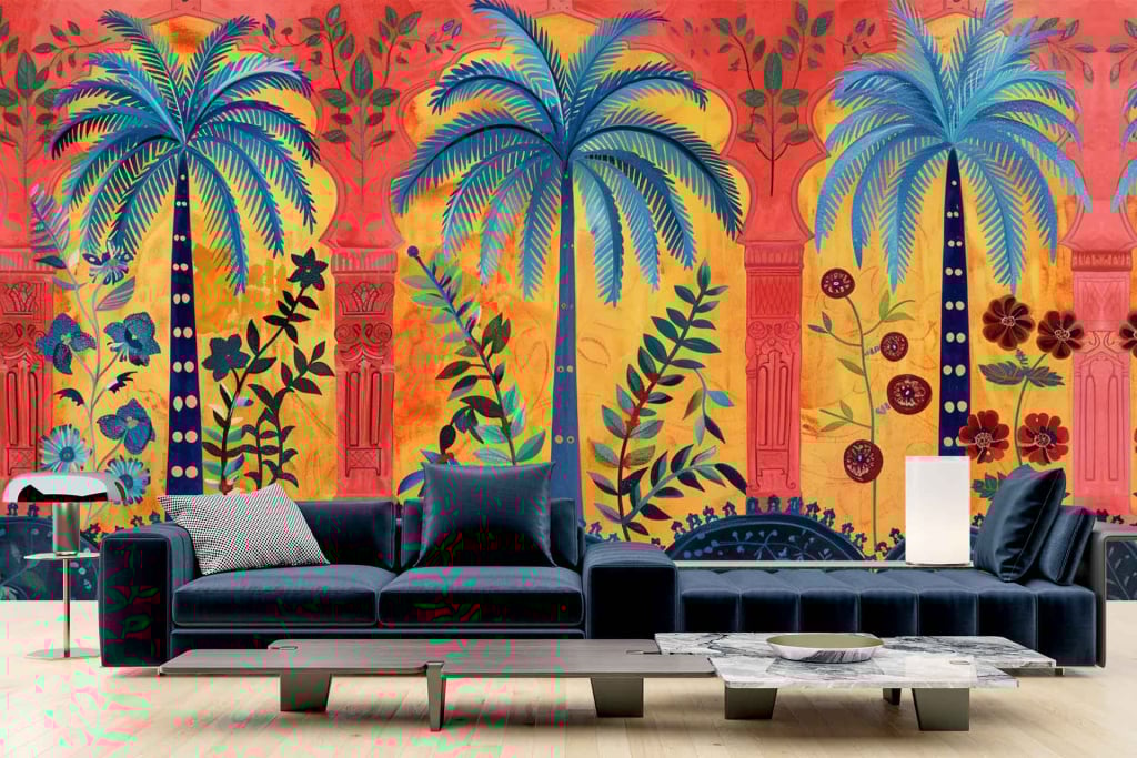 A vibrant mural with palms and colorful botanical designs in blue, red, yellow, and green hues.