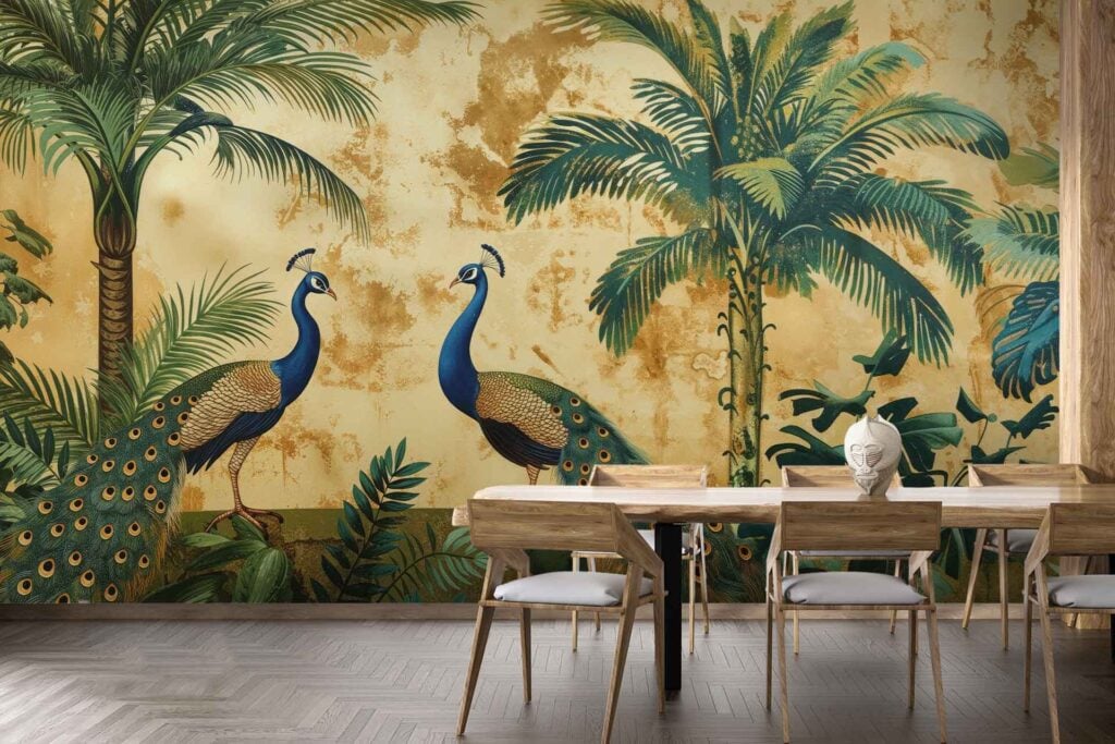 Wallpaper featuring two peacocks between palm trees on a distressed golden-yellow background.
