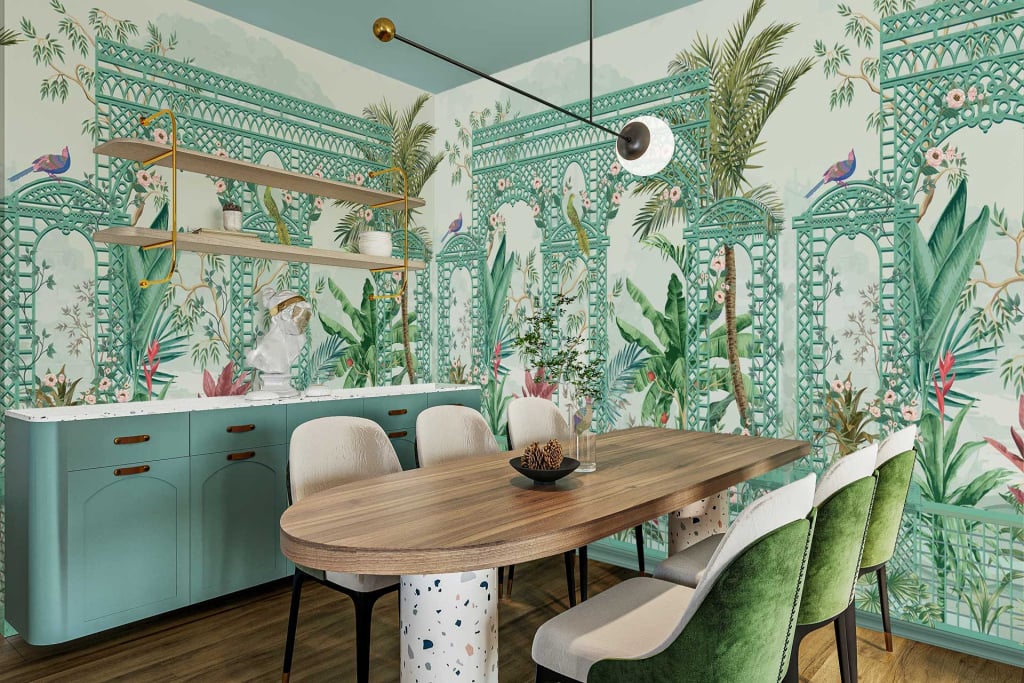 Tropical-themed wallpaper featuring birds, plants, intricate green trellis designs in shades of green and beige.