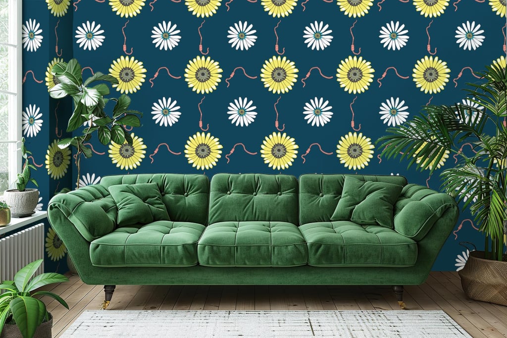 A stylish living room features a bold dark blue wallpaper adorned with a pattern of yellow and white daisy-like flowers.