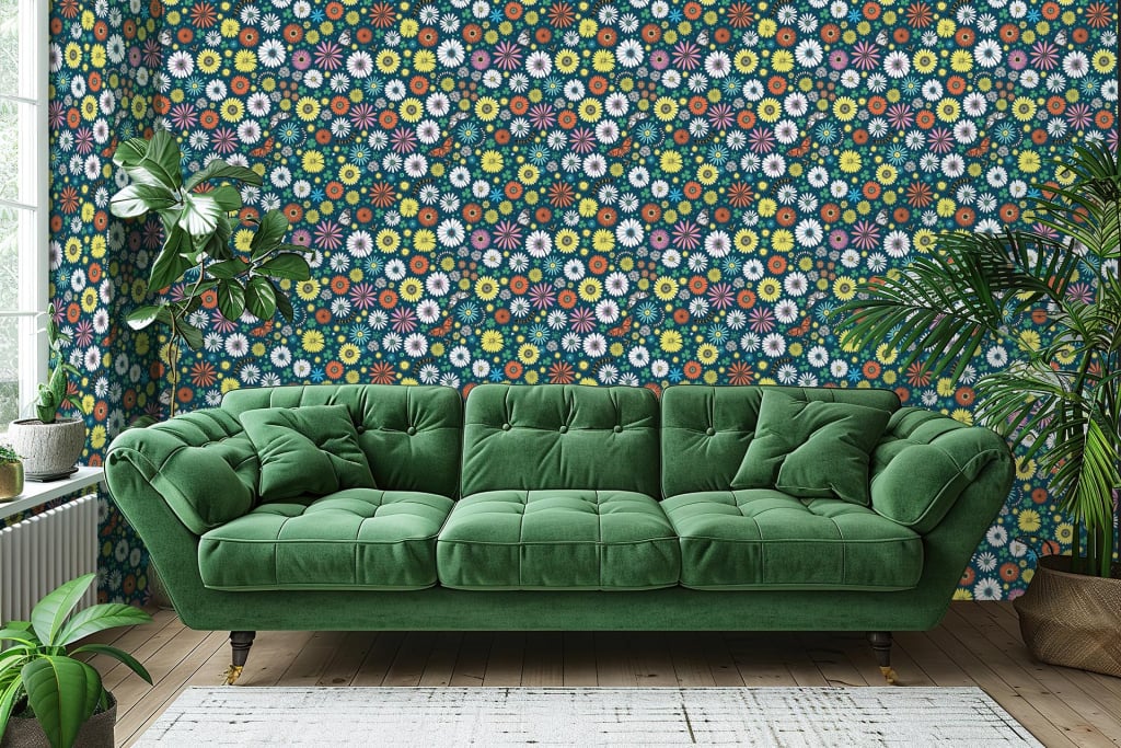 Vibrant floral wallpaper featuring daisies, poppies, colorful array of flowers.