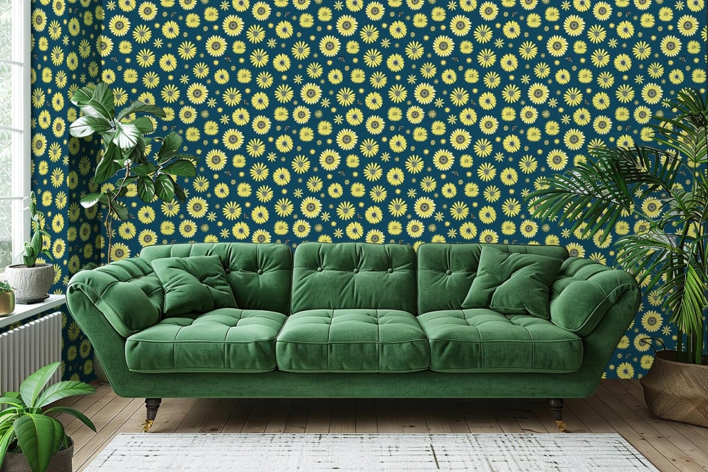 The wallpaper features vibrant floral patterns with yellow daisies set against a dark teal backdrop.