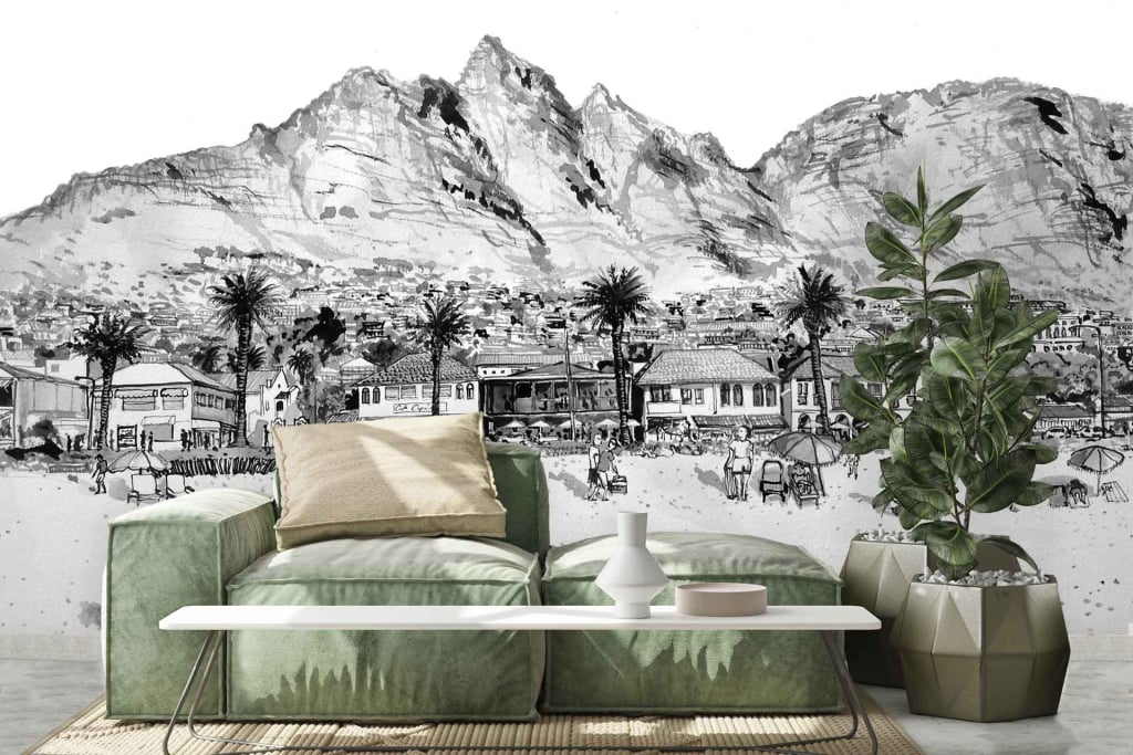 Wallpaper features:
- Black and white color scheme
- Mountainous landscape
- Buildings
- Palm trees

Key elements:
- Mountains
- Urban structures
- Tropical vegetation