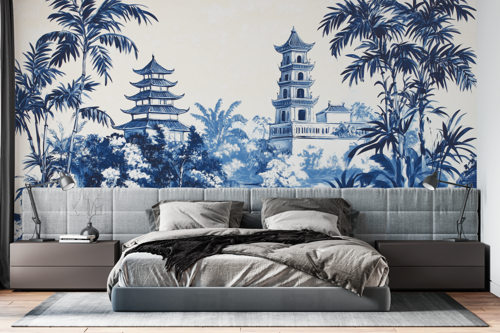 The wallpaper features a large mural depicting traditional Asian pagodas and palm trees in blue and white tones.