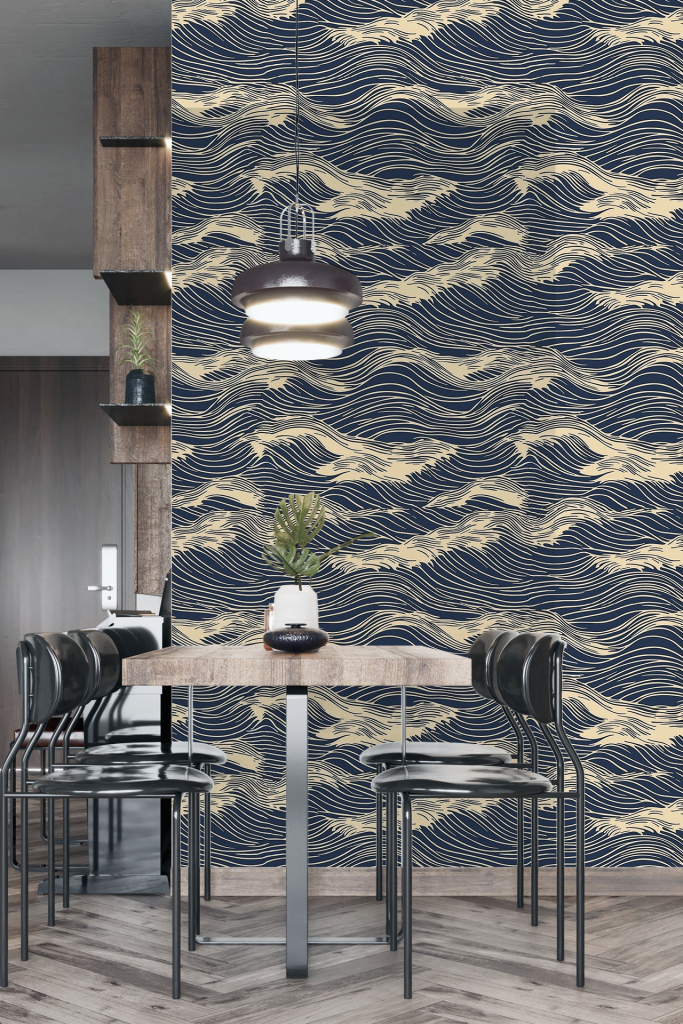 The wallpaper in the modern dining area has a wavy pattern featuring shades of blue and beige.