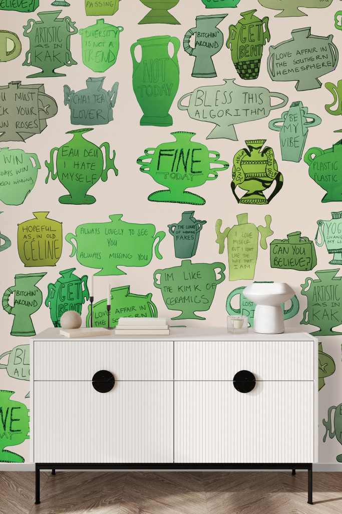 Wallpaper featuring an array of green-colored vases and ceramics with phrases including "Not Today," "Bless This Algorithm," and "Hopeful as a kitten." The vases showcase various shades of green from mint to jade. Noteworthy elements include unique ceramic designs and hand-painted text.