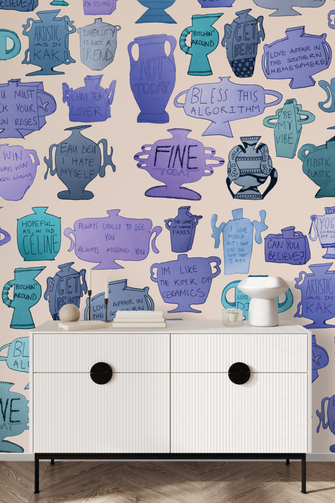 Colorful wallpaper collage features illustrated vases and mugs in blue, purple, and teal tones, each adorned with humorous or motivational text.