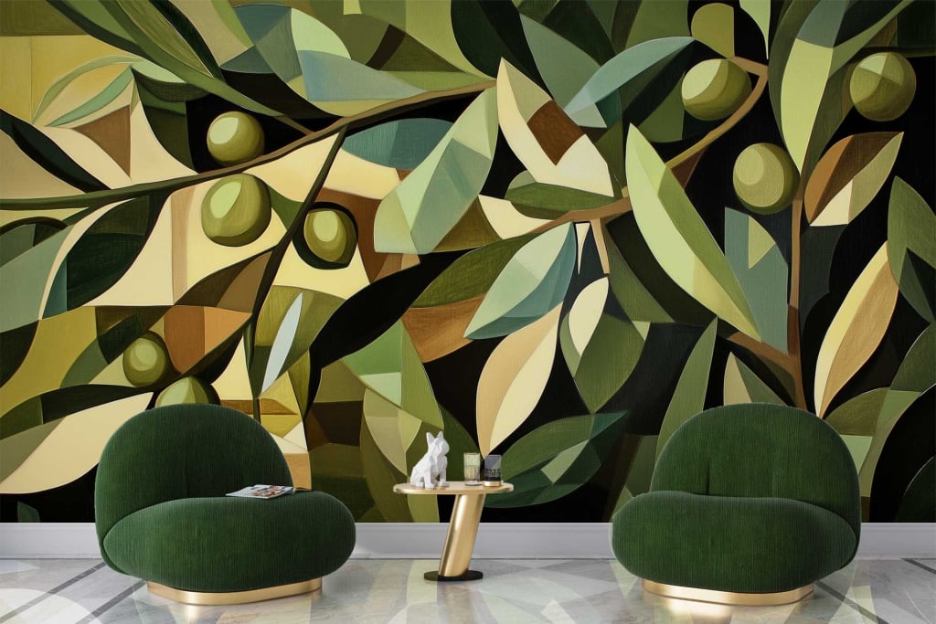 Colorful abstract mural featuring olive leaves and branches; vibrant green, hints of yellow, splashes of blue, delicate details in white; nature-inspired design with a modern twist.