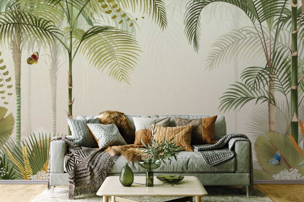 The wallpaper features an Olive Grove mural with large palm leaves, ferns, and colorful butterflies. Elements include lush greenery, tropical foliage, and vibrant insect details. Colors comprise various shades of green from olive to emerald, interspersed with the bright hues of butterfly wings like blue, yellow, and red.