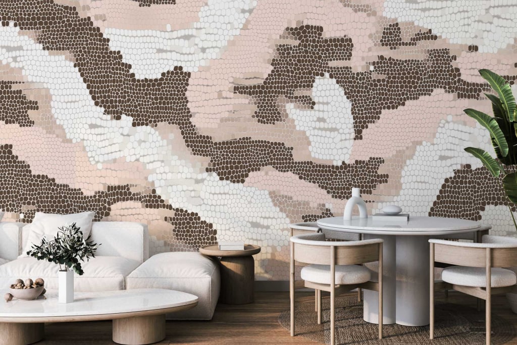 Modern living and dining area features textured camouflage-pattern wall art in beige, brown, and white hues.