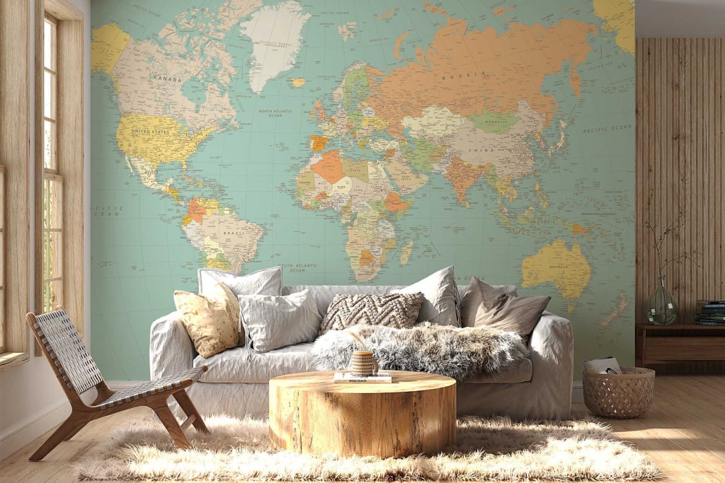 The wallpaper features a large world map mural, showcasing detailed continents and oceans. It includes muted, earthy tones such as beige, blue-gray, and soft greens. Various landmarks and geographical labels add intricate detail to the design.