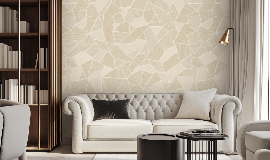 The modern living room showcases a beige geometric accent wall, featuring intricate patterns in various shades of beige and cream. The design includes sharp lines and shapes that form an eye-catching lattice effect, creating depth and texture to complement the space's contemporary aesthetic.