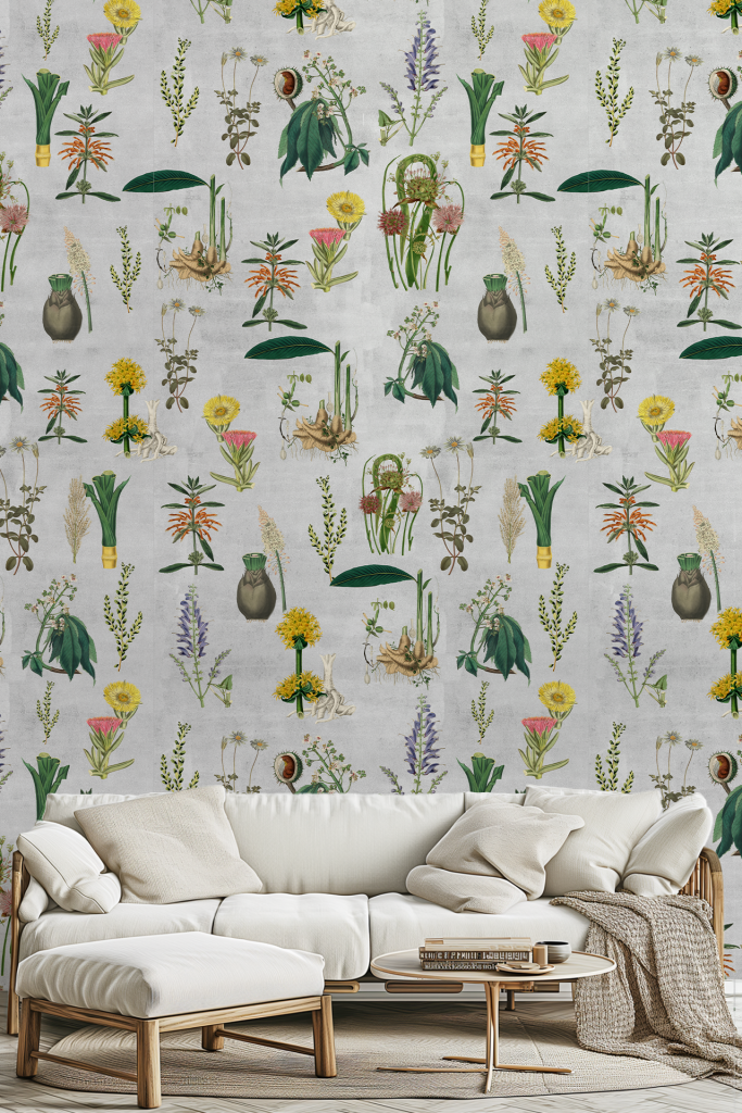 The wallpaper is botanical-themed, showcasing a variety of elements including colorful flowers, leaves, and plants in a repeating pattern. The design evokes the feel of an edible garden with its intricate floral arrangements and vibrant hues.