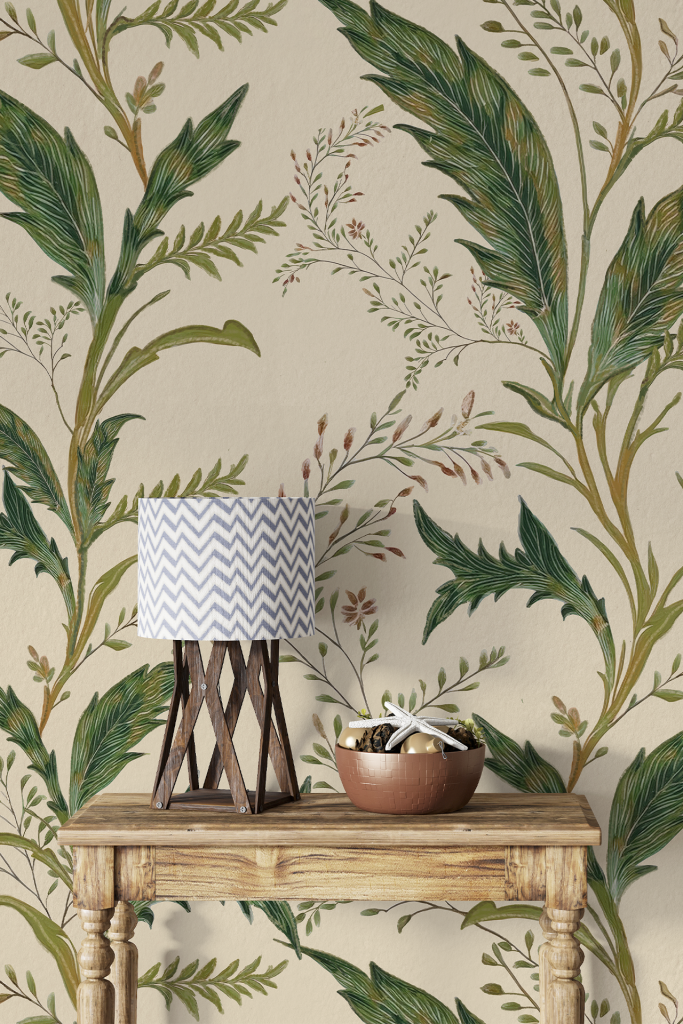 Botanical wallpaper features green leaves and delicate branches, enhancing the bohemian, natural aesthetic with its intricate plant motifs. The color palette includes various shades of green against a neutral background, establishing a serene and earthy ambiance.
