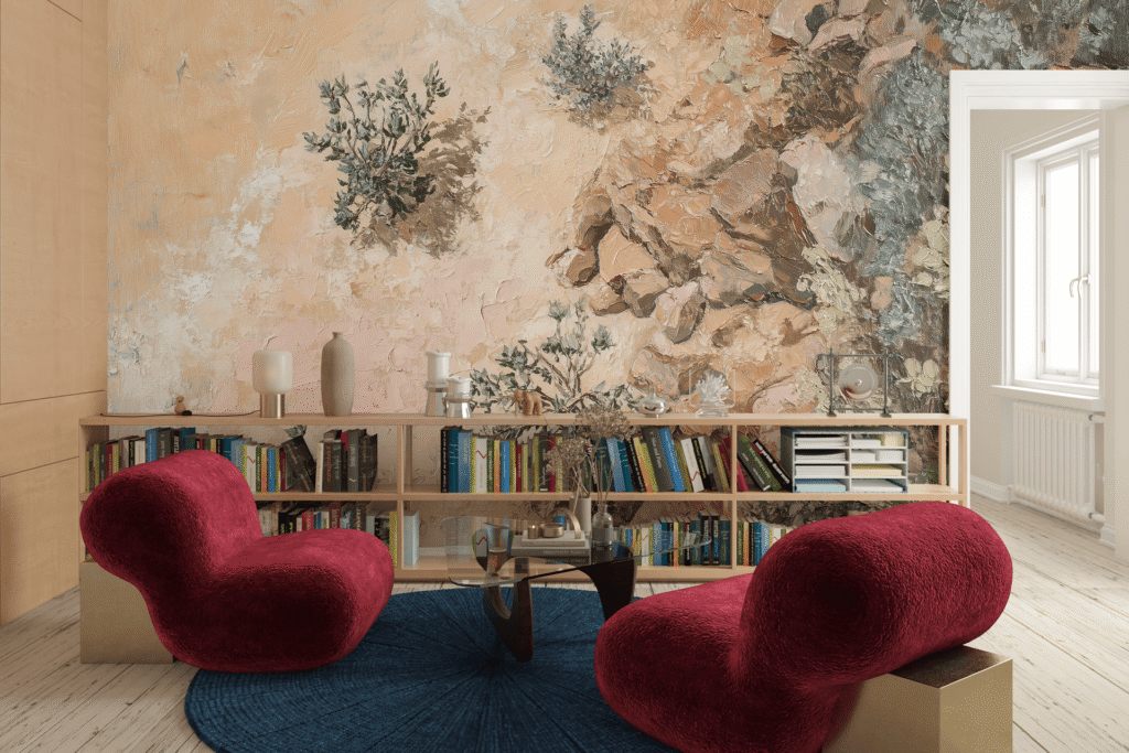 Textured, abstract art mural on the wall features earth tones like browns, tans, and ochres with layered patterns and organic shapes.
