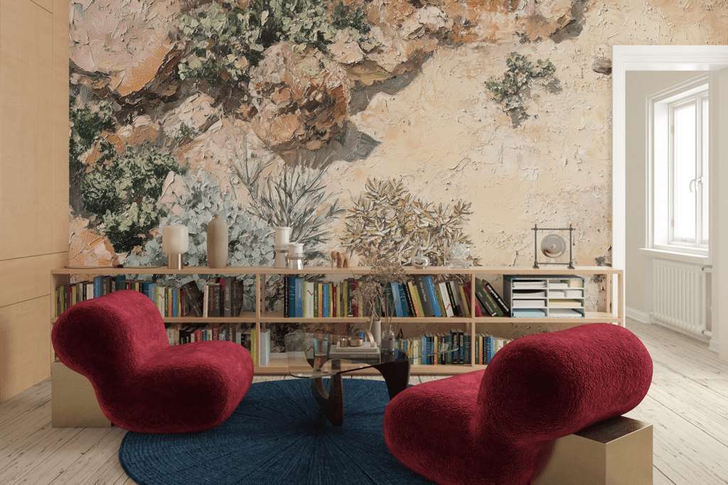Nature-themed wall mural with textured patterns, featuring elements like trees and leaves in earthy shades of green, brown, and muted blue.