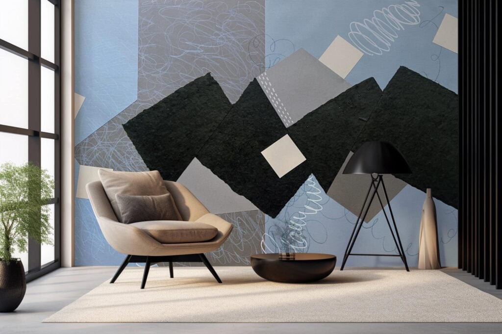 The wallpaper showcases an abstract geometric design with shades of blue, black, and white.