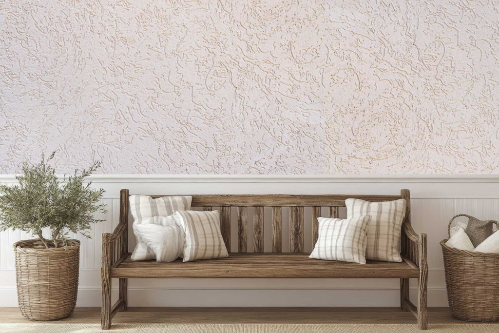 Roughed-up, textured light-colored wallpaper featuring subtle variations in shades of cream, beige, and off-white. It offers a rustic, weathered appearance with occasional hints of gray and taupe for depth. This wallpaper evokes a cozy yet minimalist aesthetic in the space.