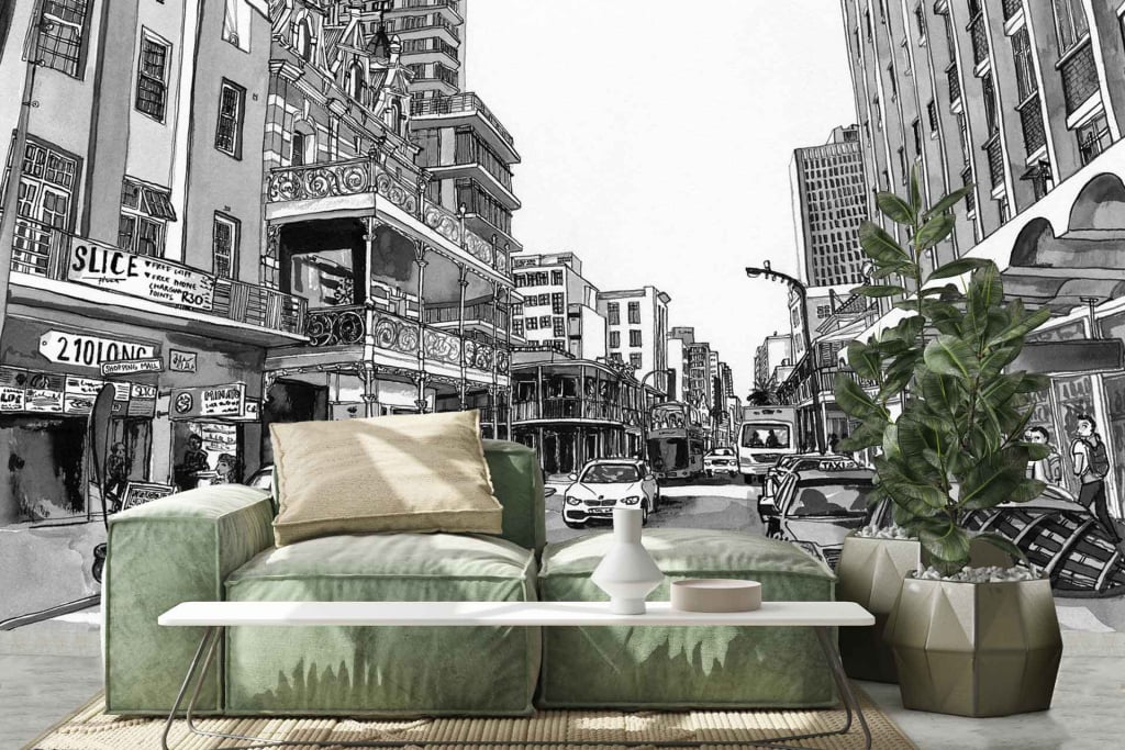 A ParkWall mural features a black-and-white city street with buildings, vehicles, and storefronts.