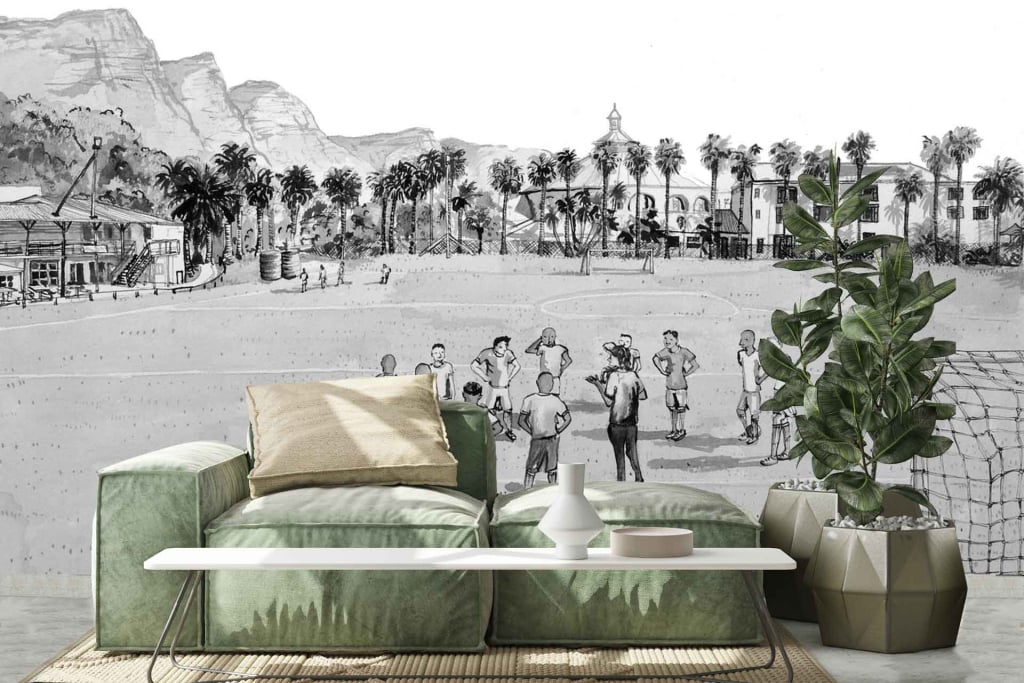 The wallpaper features a vintage sports scene, with athletes in classic attire set against a scenic backdrop of mountains and palm trees. The color palette includes earthy greens, blues, and muted tones to evoke a nostalgic feel reminiscent of De Waal Park.