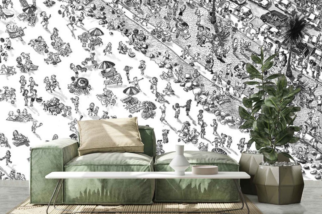 The wallpaper features a detailed black-and-white mural, capturing De Waal Park's vibrant atmosphere. Key elements include intricate tree branches, delicate leaves, and silhouettes of strolling figures. It is accented by shades of gray and stark contrasts, highlighting the natural elegance of park life. Perfect for adding texture and depth to any modern living space with its artistic depiction of urban greenery.