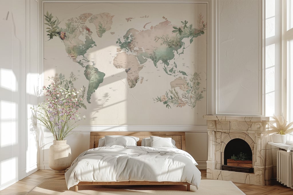 The wallpaper features a detailed world map mural with muted earth tones, including soft greens, gentle blues, and subtle browns outlining continents and oceans. Delicate lines depict latitude and longitude, creating an elegant global design.