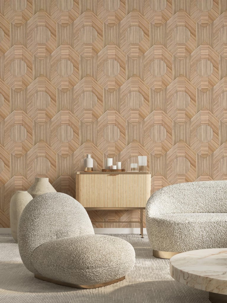 The wallpaper features a geometric pattern in warm tones, including shades of terracotta, ochre, and soft browns.