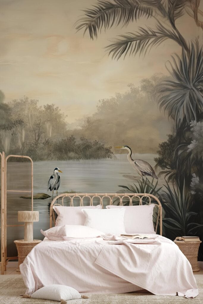 Wallpaper features a tranquil lakeside scene with calm water, lush green trees, dense foliage, and two elegant herons. Soft blues, greens, and muted earth tones dominate the mural landscape.