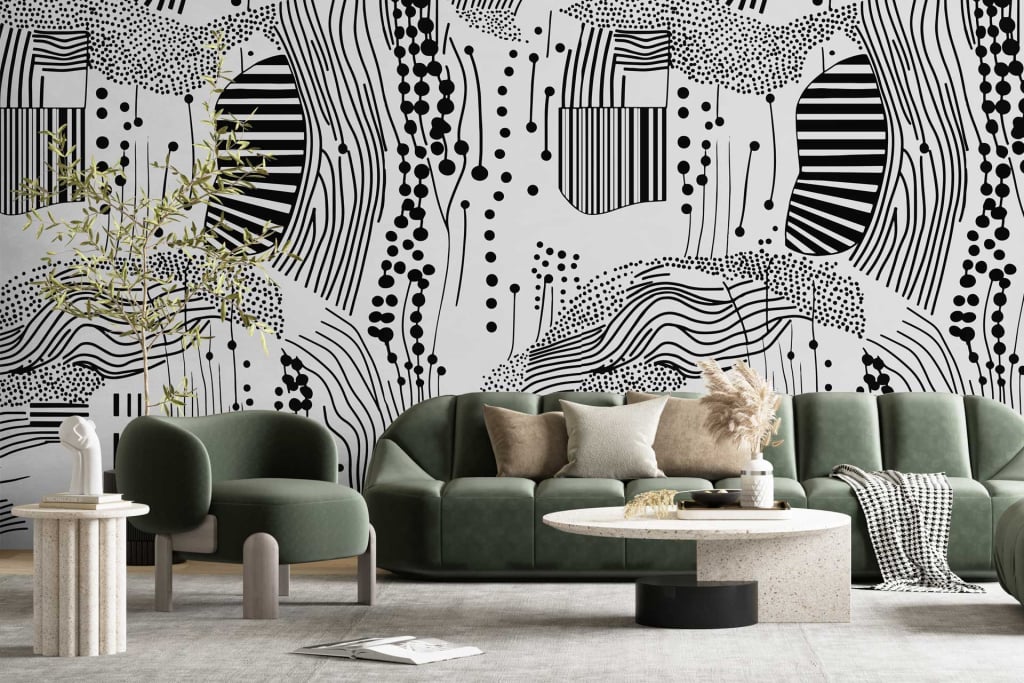 The bold black and white abstract wall pattern features dynamic lines and geometric shapes, creating a striking contrast. This monochrome design adds depth and interest to the room with its impactful visual texture.