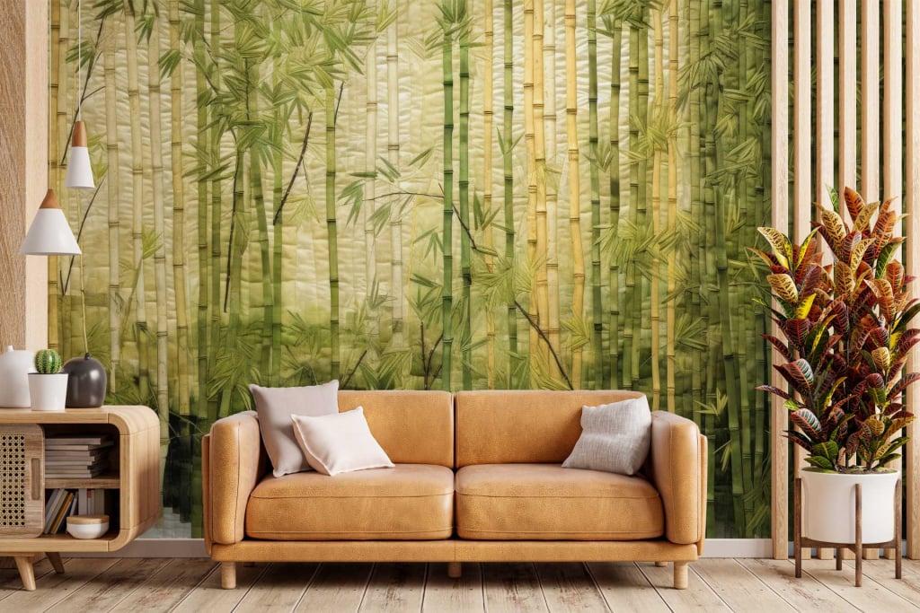 Bamboo forest-themed wallpaper with lush green bamboo stalks and leaves, beige background, natural textures, vibrant greens interspersed with earthy tones.