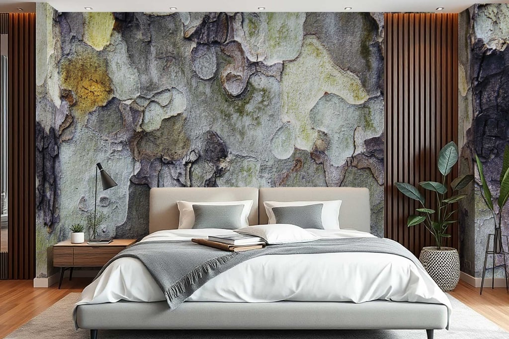 The wallpaper in the modern bedroom features a striking textured design that resembles natural stone. It presents varied shades of gray, white, and subtle earthy tones to enhance the textural effect. The pattern is reminiscent of a calm coastal style with its organic and fluid appearance, adding depth and an element of nature to the room's ambiance.