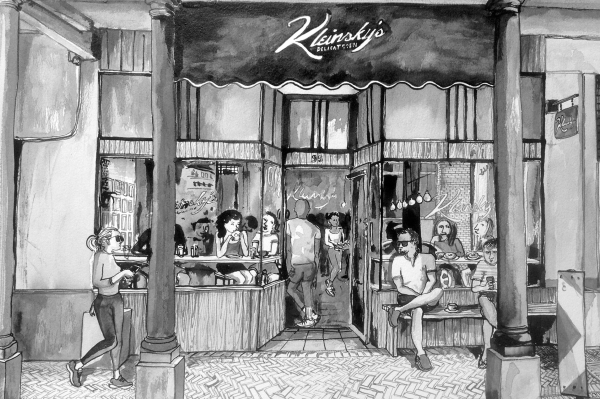 The wallpaper behind the scene features a repeating pattern of vintage deli motifs, such as old-fashioned scales, sliced bread, pickles, and cured meats. The color palette includes muted shades of black, white, and gray. Distinctive flourishes like fine lines and intricate detailing are set against a lightly dappled background that adds texture without overwhelming the design. The combination of these elements creates an authentic delicatessen ambiance in a monochrome context suitable for searching visually similar wallpapers.
