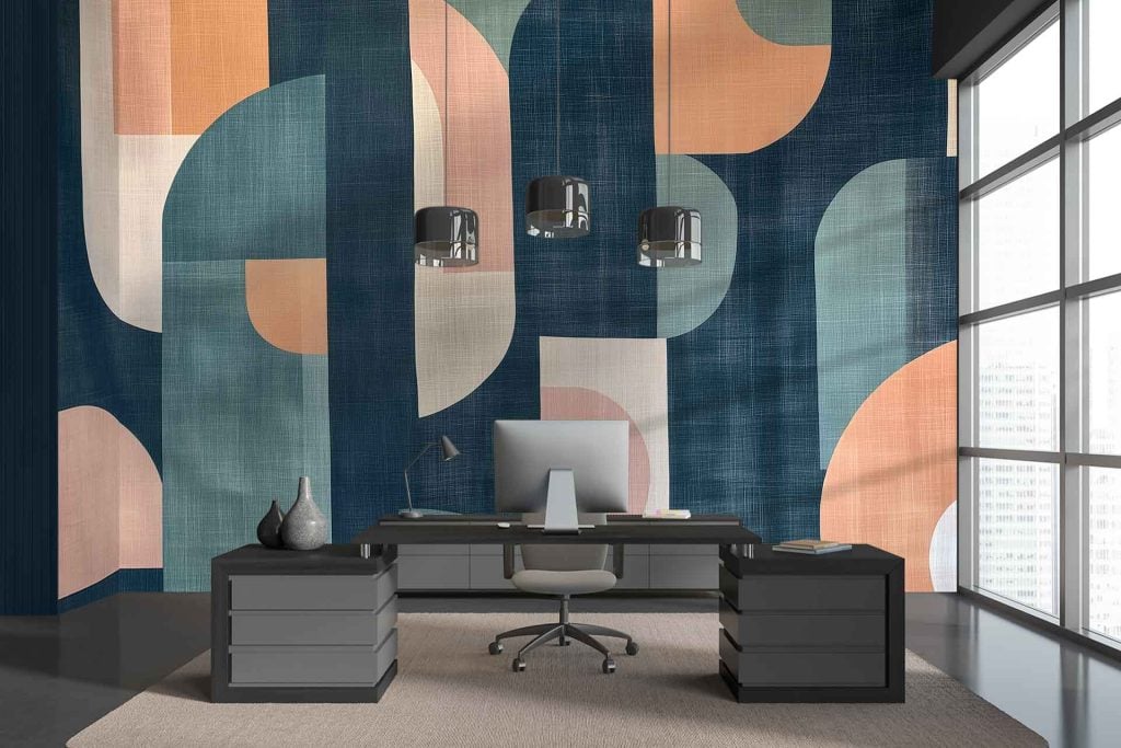 The wallpaper features geometric patterns in shades of blue, orange, and beige.