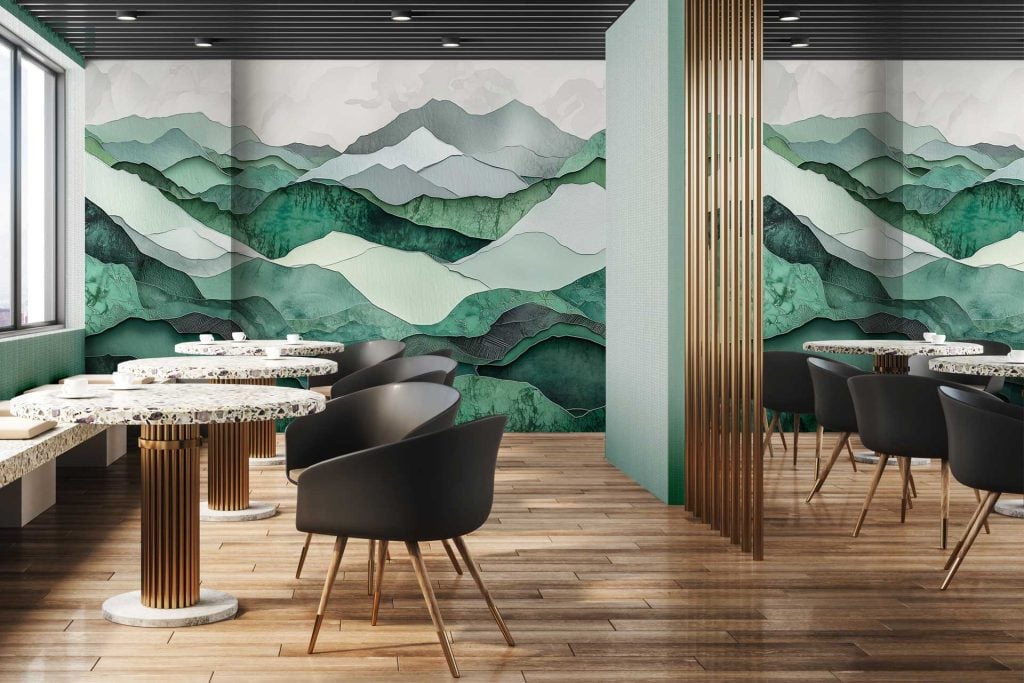 Green and teal mountain mural, serene atmosphere, starfish's tranquil ocean home.