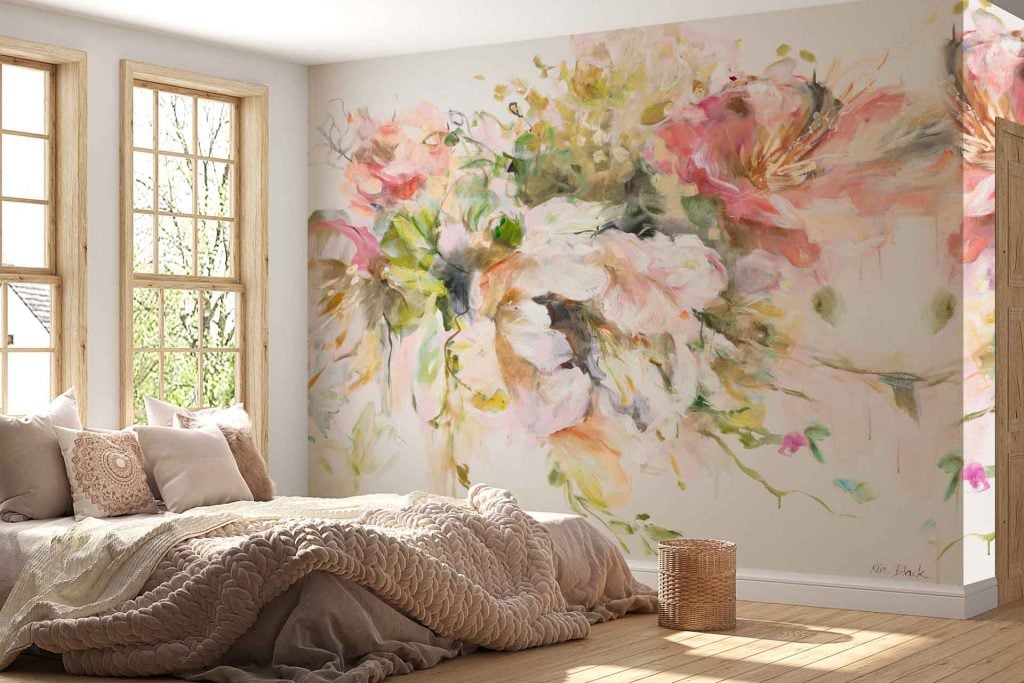 Colorful Davis floral mural featuring vibrant pinks and greens. Lush, intricate floral patterns with delicate flowers and leafy motifs. Predominantly pink blooms set against verdant green foliage, creating a vivid, lively backdrop. Perfect for adding a touch of nature-inspired artistry to the space.