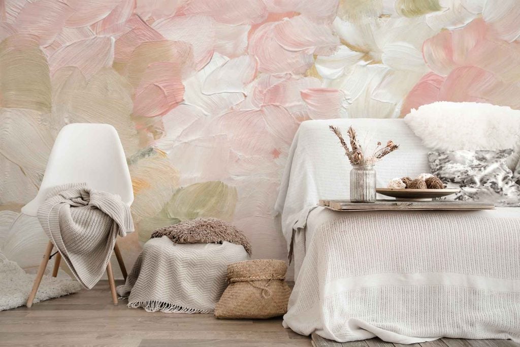 Floral mural featuring soft pastels, including hues of blush pink, gentle lavender, muted sage green, and delicate cream. Botanical patterns and elegant foliage create a serene ambiance. Perfectly complements neutral decor with subtle elegance.