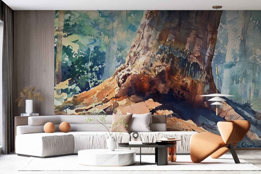 Large forest mural, tree trunk, earthy tones, shades of green and brown, textured bark, nature-inspired design.
