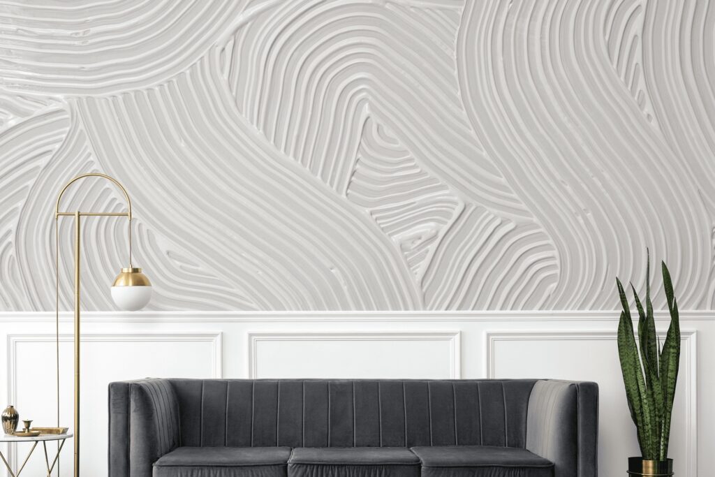 Textured gray abstract wall mural featuring various shades of gray and subtle patterns, adding depth and a modern touch to the living room’s decor.