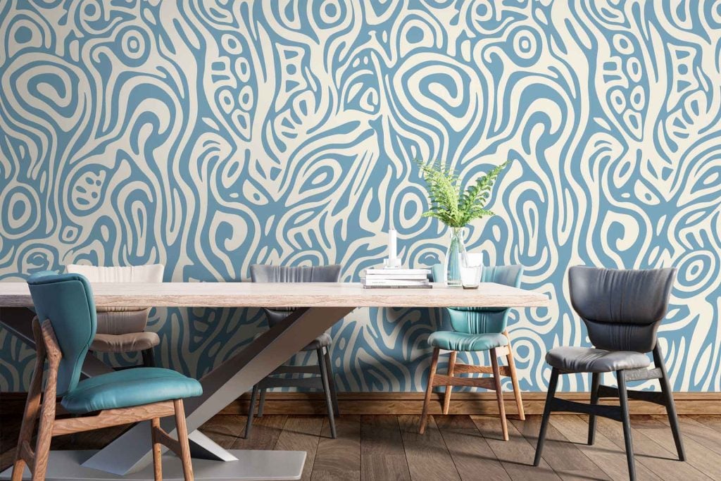 Bold abstract blue and white pattern, striking geometric shapes, dynamic contrast, artistic style.
