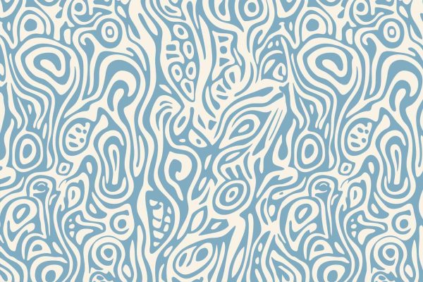 Abstract wallpaper featuring swirling blue and white lines forms organic, wave-like shapes. The intricate, repetitive design creates dynamic movement and a flowing sensation, reminiscent of waves dancing on the ocean's surface. Key elements include blue and white colors, wave motifs, organic patterns, swirl designs, and a sense of motion.