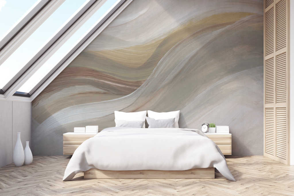 Decorative swirling pastel wall mural features soft hues like lavender, blush pink, sky blue, mint green, and cream. The abstract patterns create a sense of fluidity and calmness.