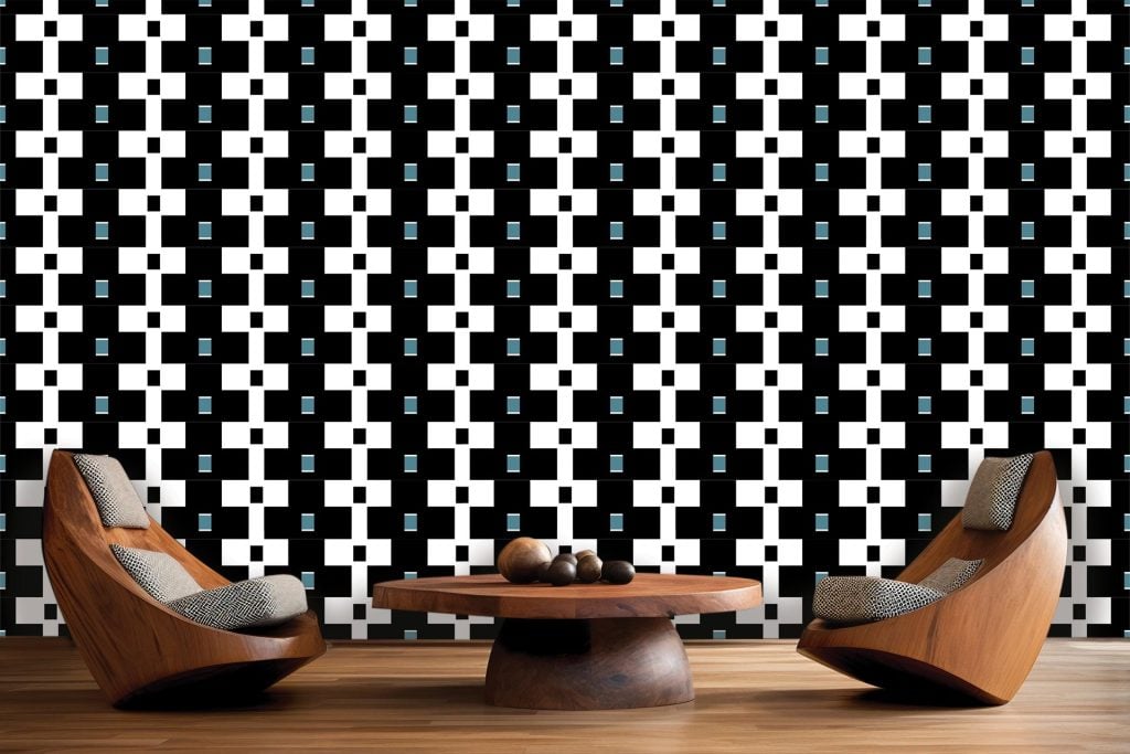 Litema-inspired geometric wallpaper featuring a striking pattern of black, white, and teal elements.