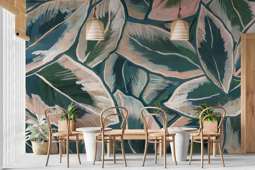 Harley-inspired leaf-patterned mural in shades of teal, pink, and beige.