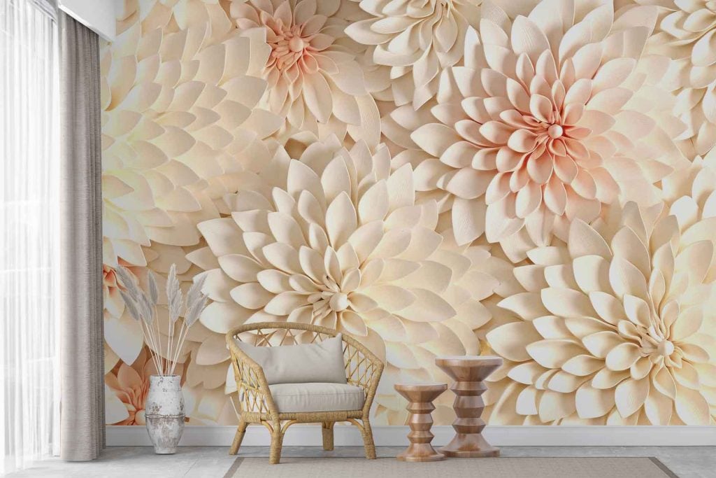 The wallpaper showcases large, intricate flowers in shades of beige and peach, with detailed petal designs. The floral mural features soft, neutral tones that blend seamlessly with the room's overall aesthetic.