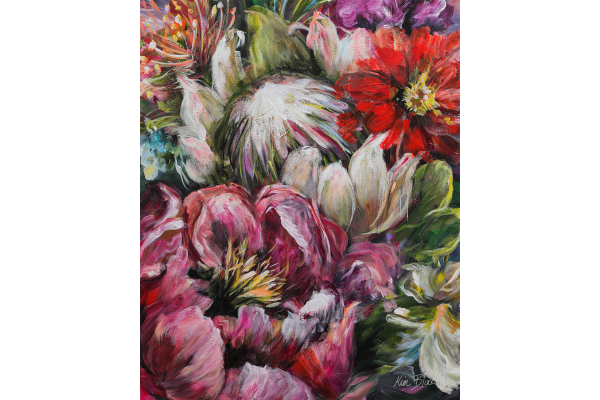 A vibrant floral wallpaper featuring rich reds, pinks, whites, and greens. The design displays a tapestry of varied blossoms with textured petals and dynamic brushstrokes for a lively composition. Ideal for colorful home decor or as eye-catching wall art.